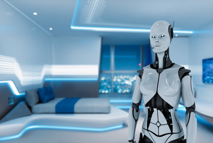 Interior of a futuristic hotel room with robot assistant.