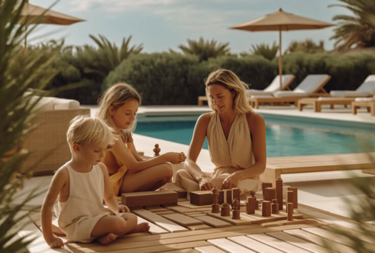 happy family guests next to the pool